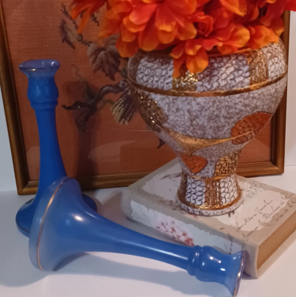 Pair Blue Art Deco Candlestick Holder by Tiffin Glass Circa 20's